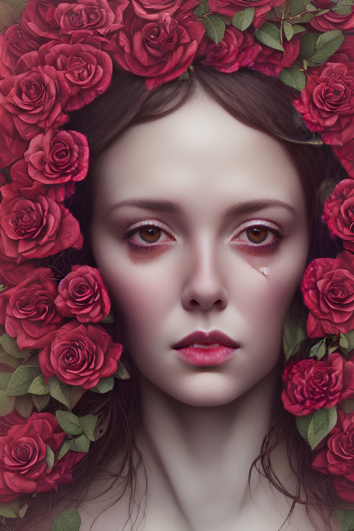 Portrait of Person with Solemn Expression Surrounded by Red Roses on Pink Background