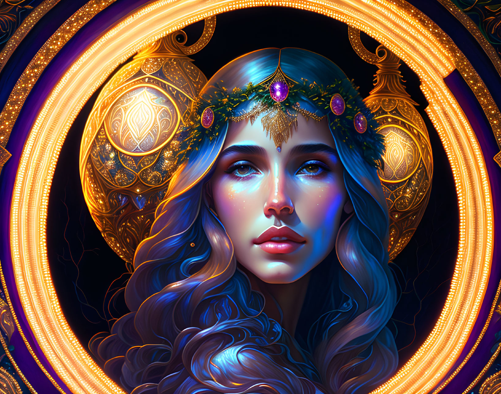 Digital artwork: Woman with ornate headpiece, golden patterns, and glowing orbs on dark background