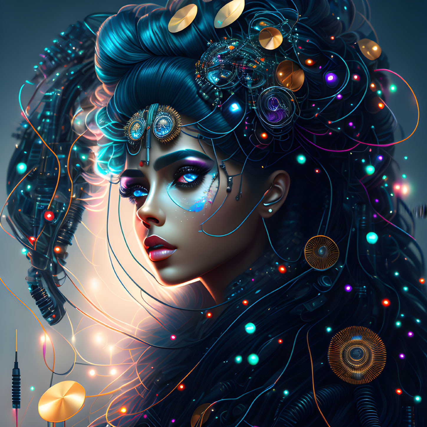 Futuristic portrait of a woman with cybernetic enhancements and illuminated wires