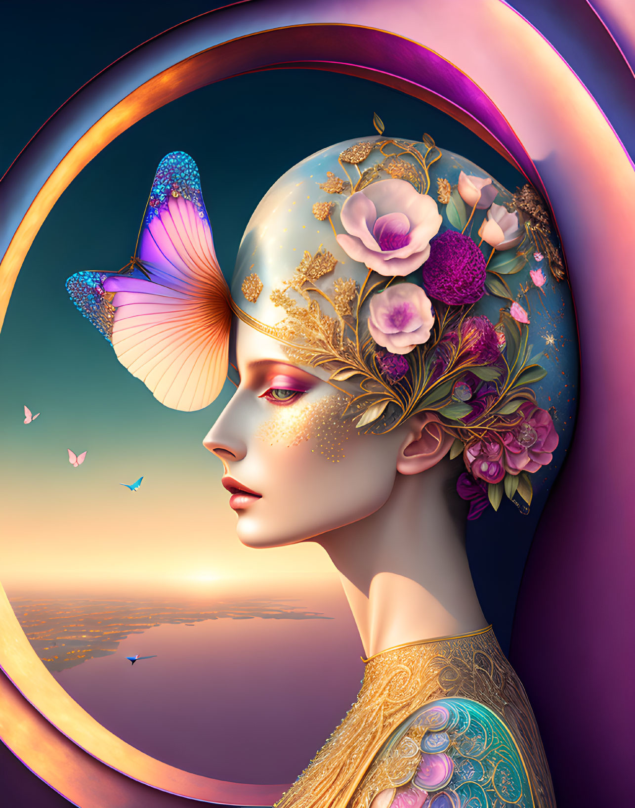 Surreal portrait of woman with floral headpiece on gradient backdrop