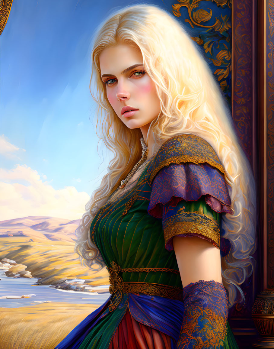 Fantasy woman with long blonde hair in medieval attire.