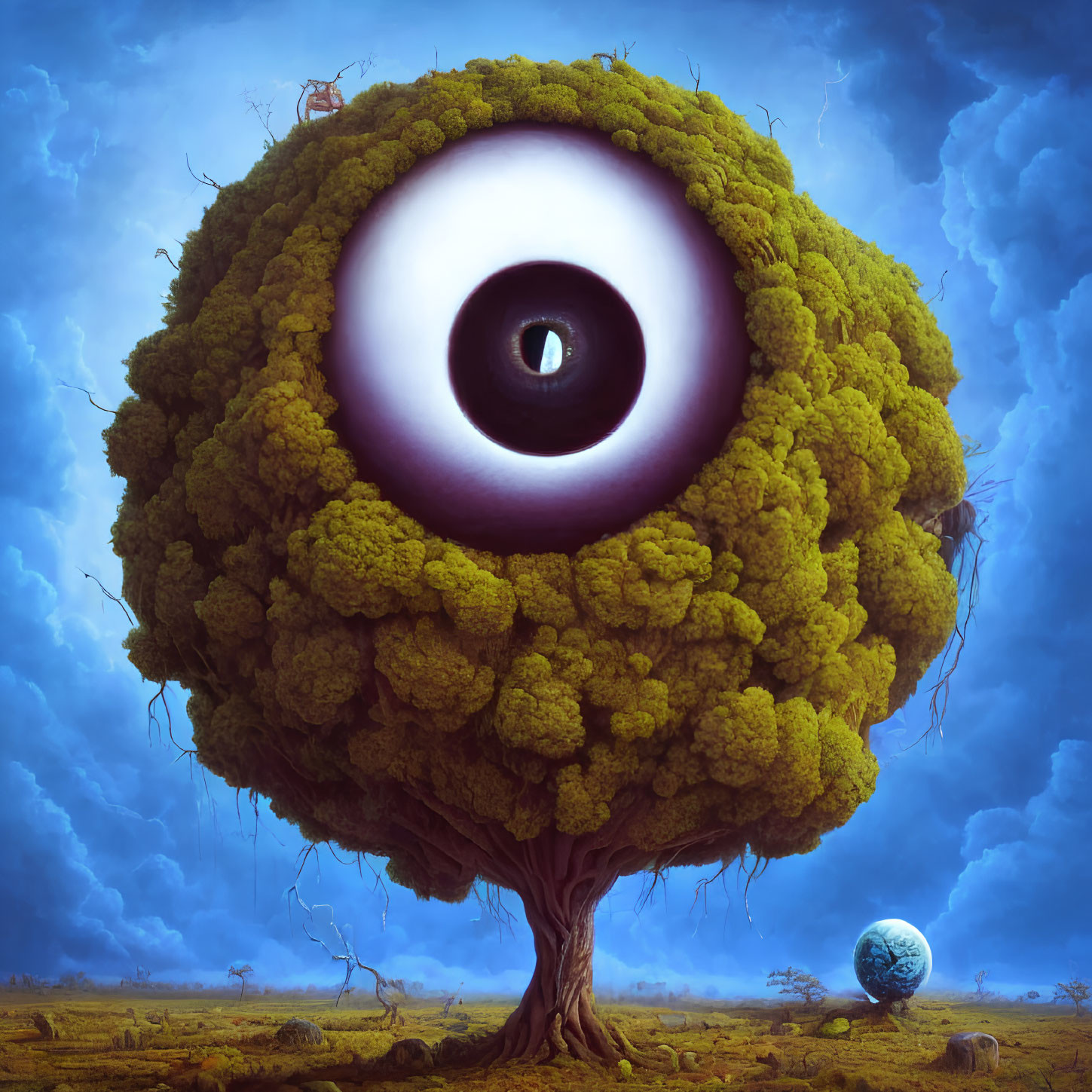 Surreal tree illustration with giant eye, person, and orb under blue sky