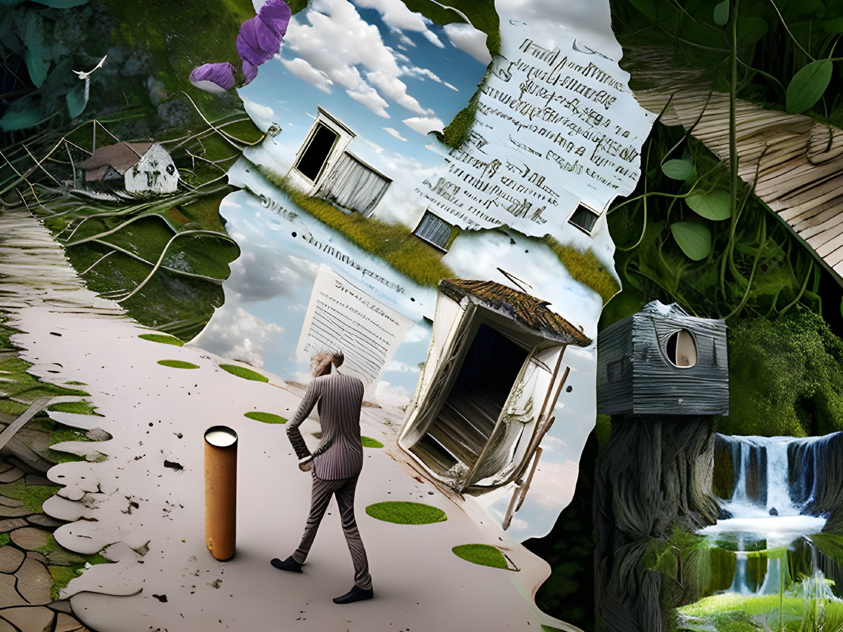 Surreal collage featuring person, portal, text streams, floating door