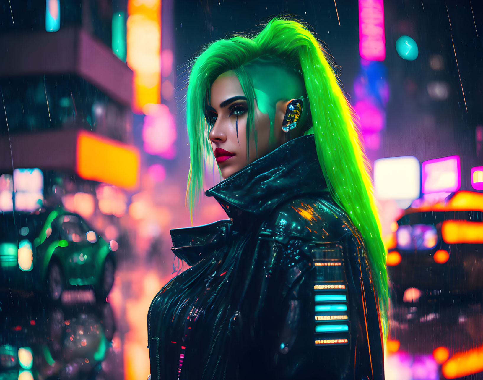 Neon green-haired woman in rain at night with city lights