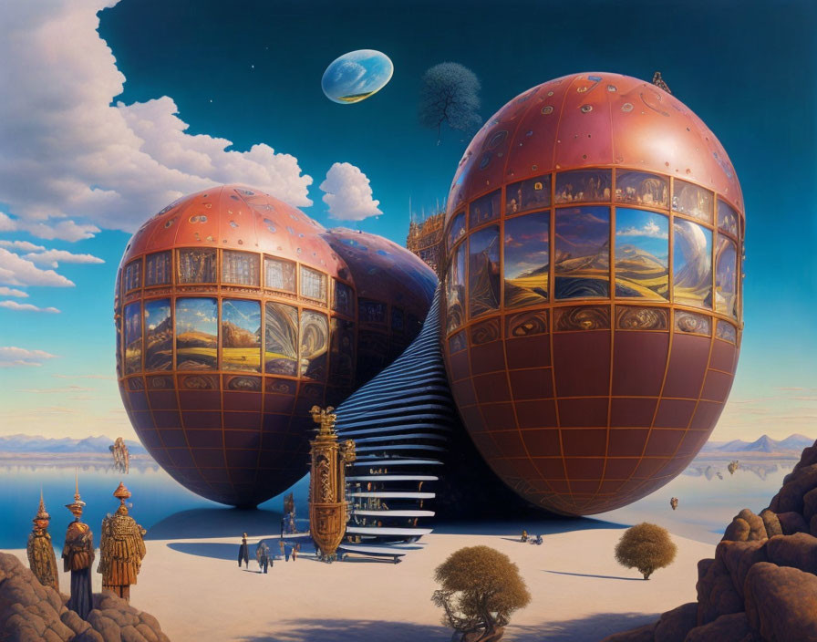 Surreal artwork: Large spherical structures, staircase, robed figures, arid landscape, tree