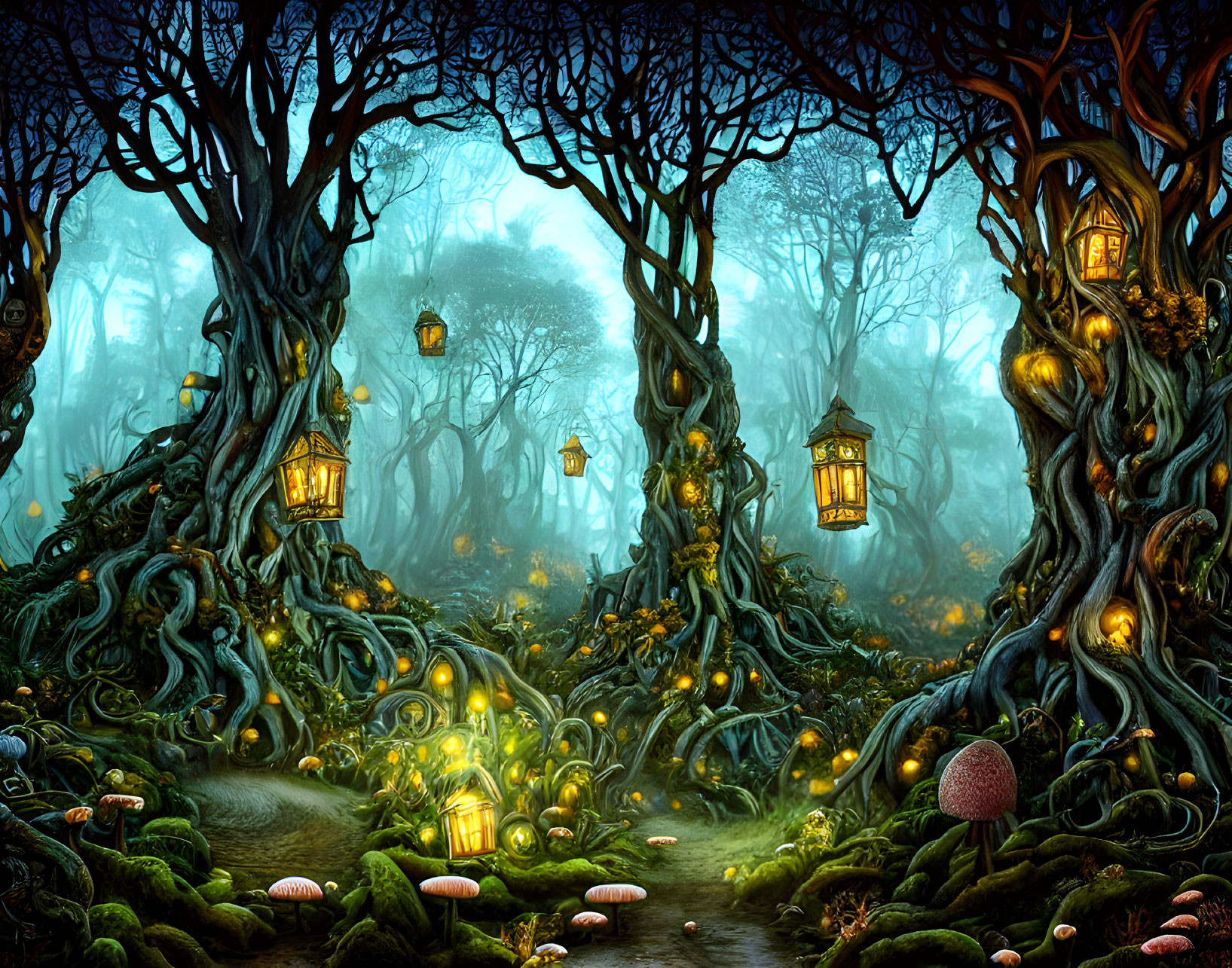 Mystical forest with twisting trees, glowing lanterns, and mushrooms