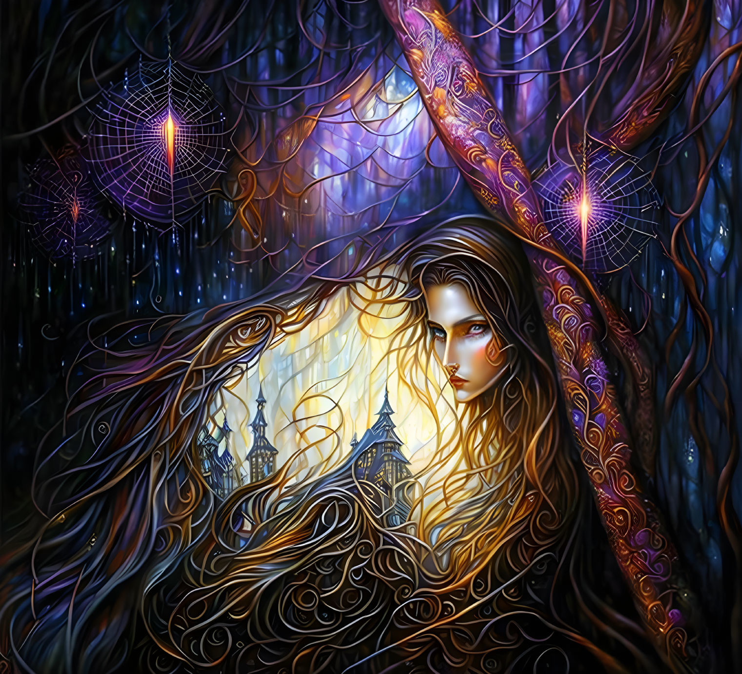 Portrait of a woman with luminous hair and mystical elements