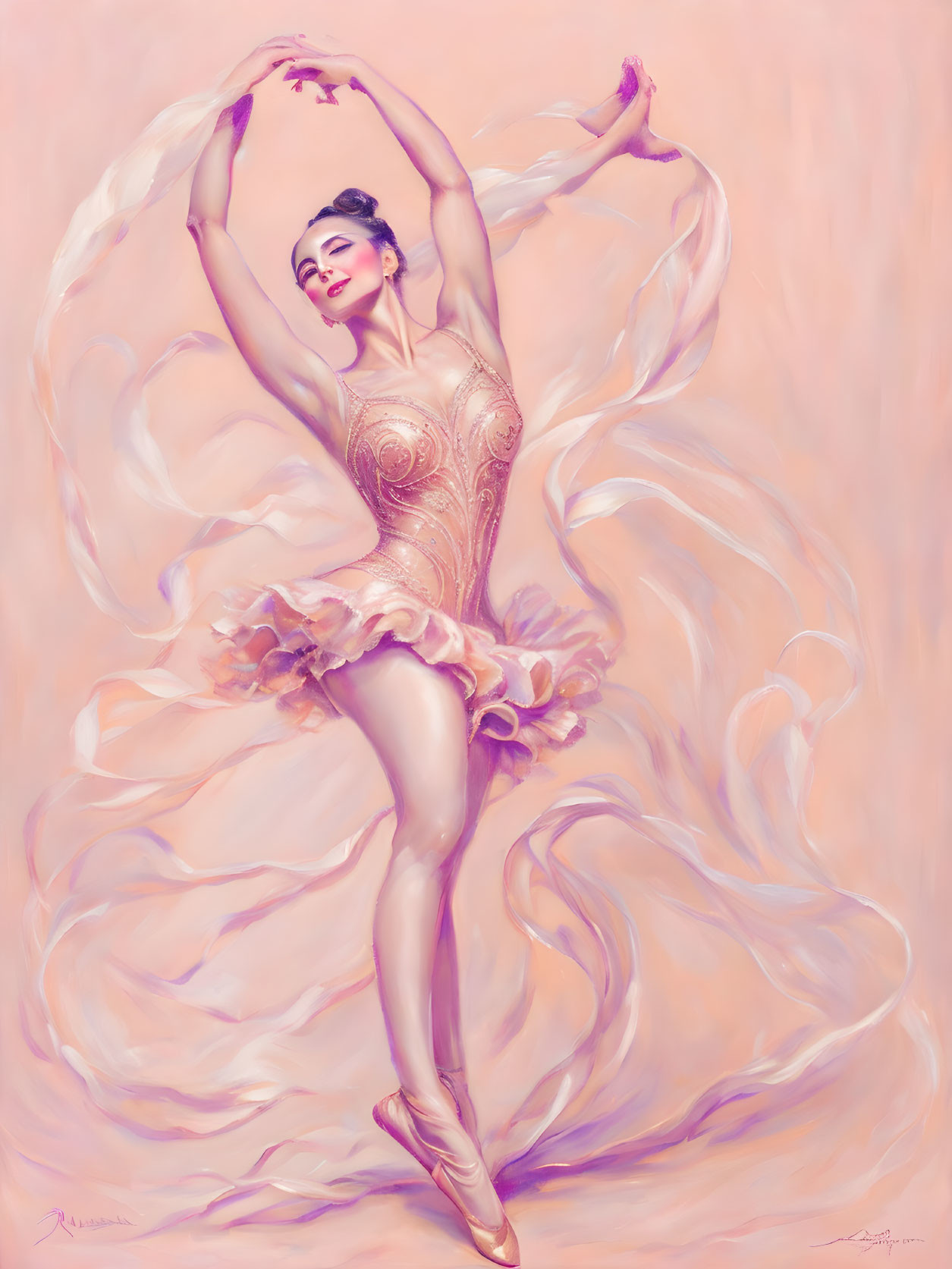 Elegant ballerina in pink costume with gold accents poses gracefully