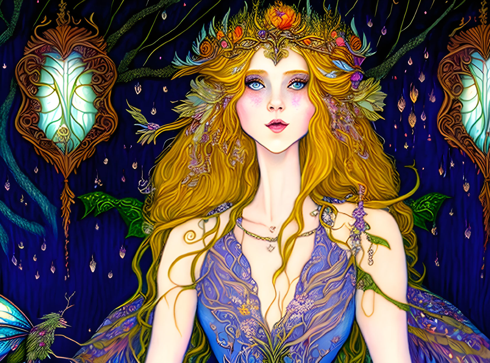 Colorful illustration: mystical woman with golden hair, floral crown, blue dress, glowing wings, surrounded