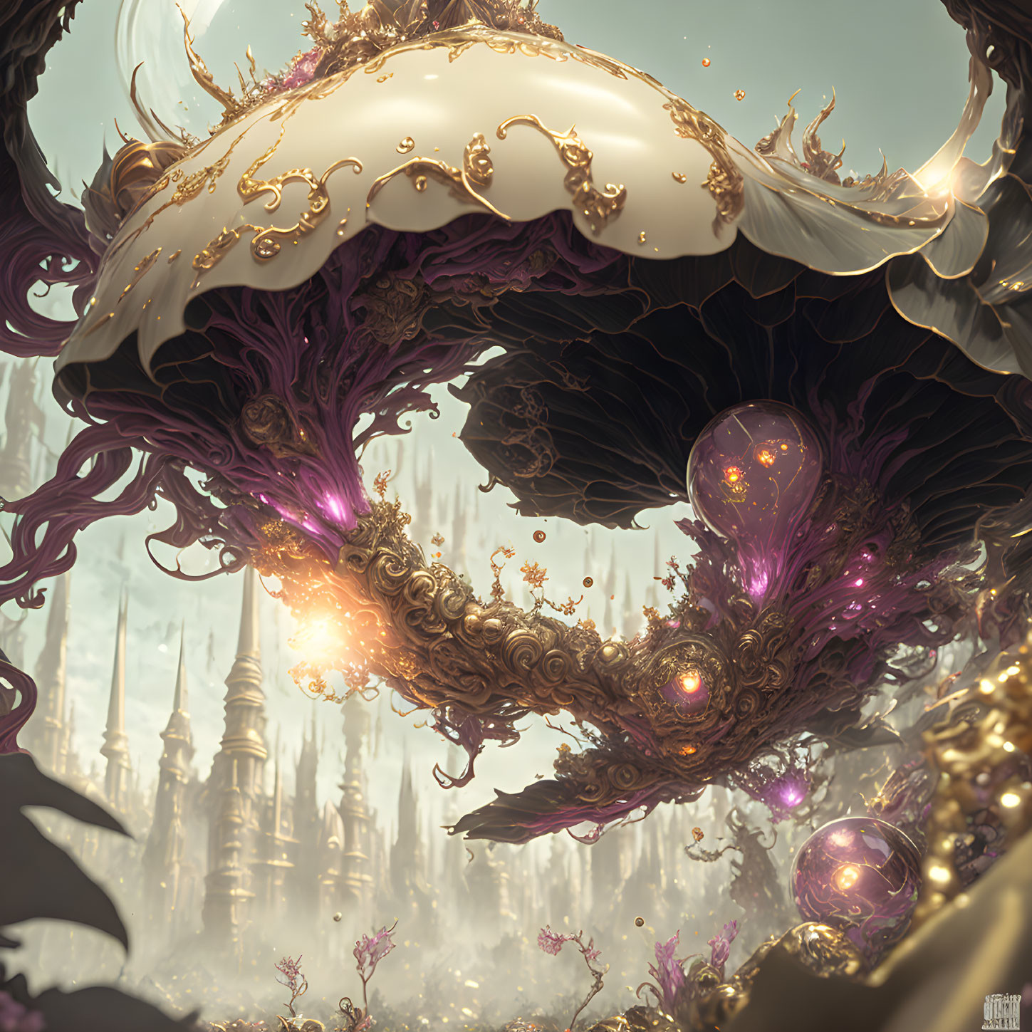 Ethereal fantasy landscape with golden details and glowing orbs