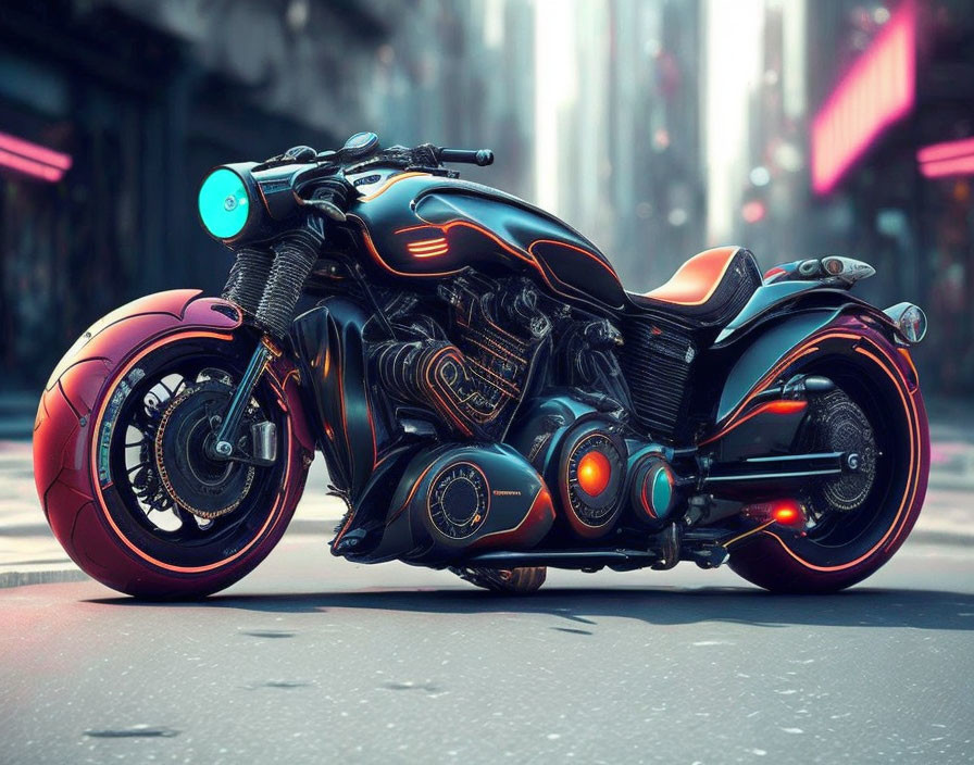 Futuristic black and orange motorcycle with glowing blue accents on neon-lit urban street