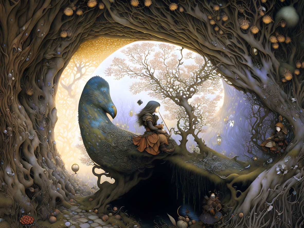 Fantasy art with person on bird-like creature in tree hollow