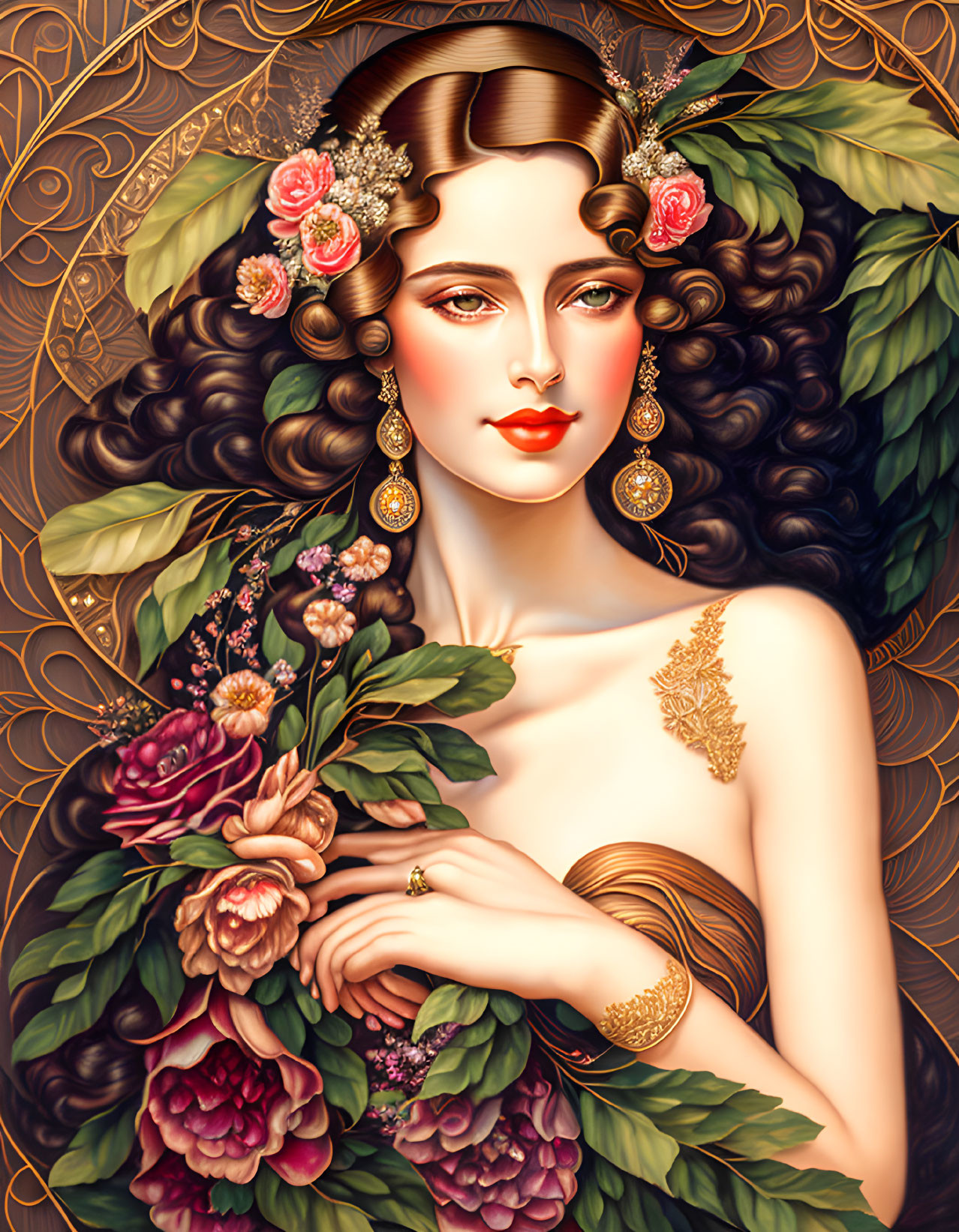 Stylized portrait of woman with dark hair, floral hair accessories, gold jewelry, against ornate