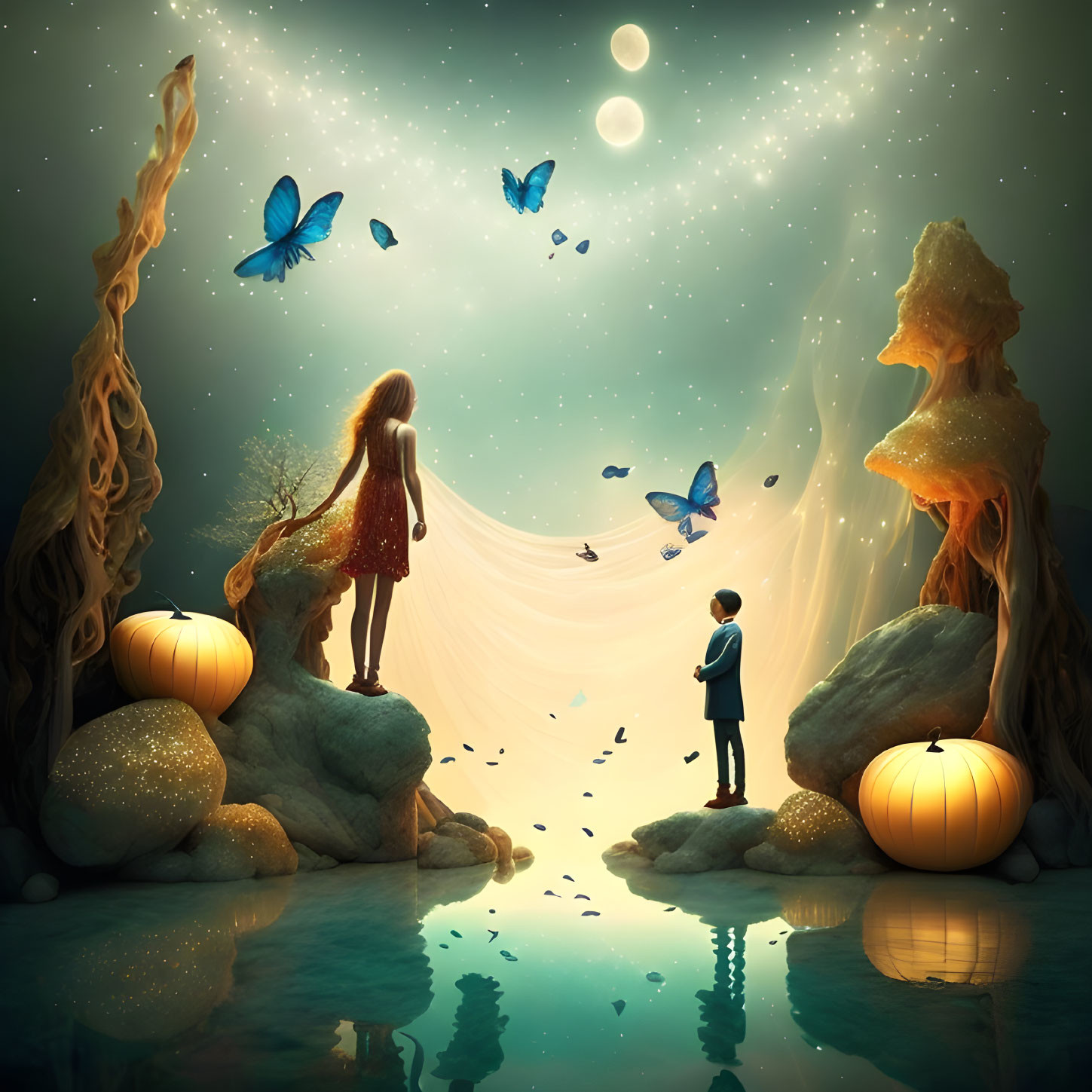 Children, pumpkins, butterflies, and moonlit sky reflected on water