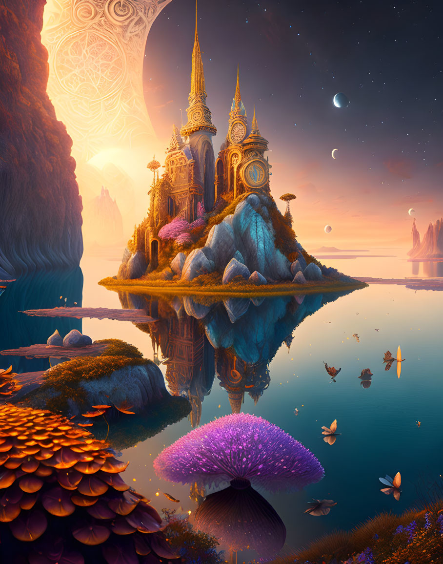 Fantastical landscape with golden castle, purple mushroom, reflective water, and surreal pinkish sky with