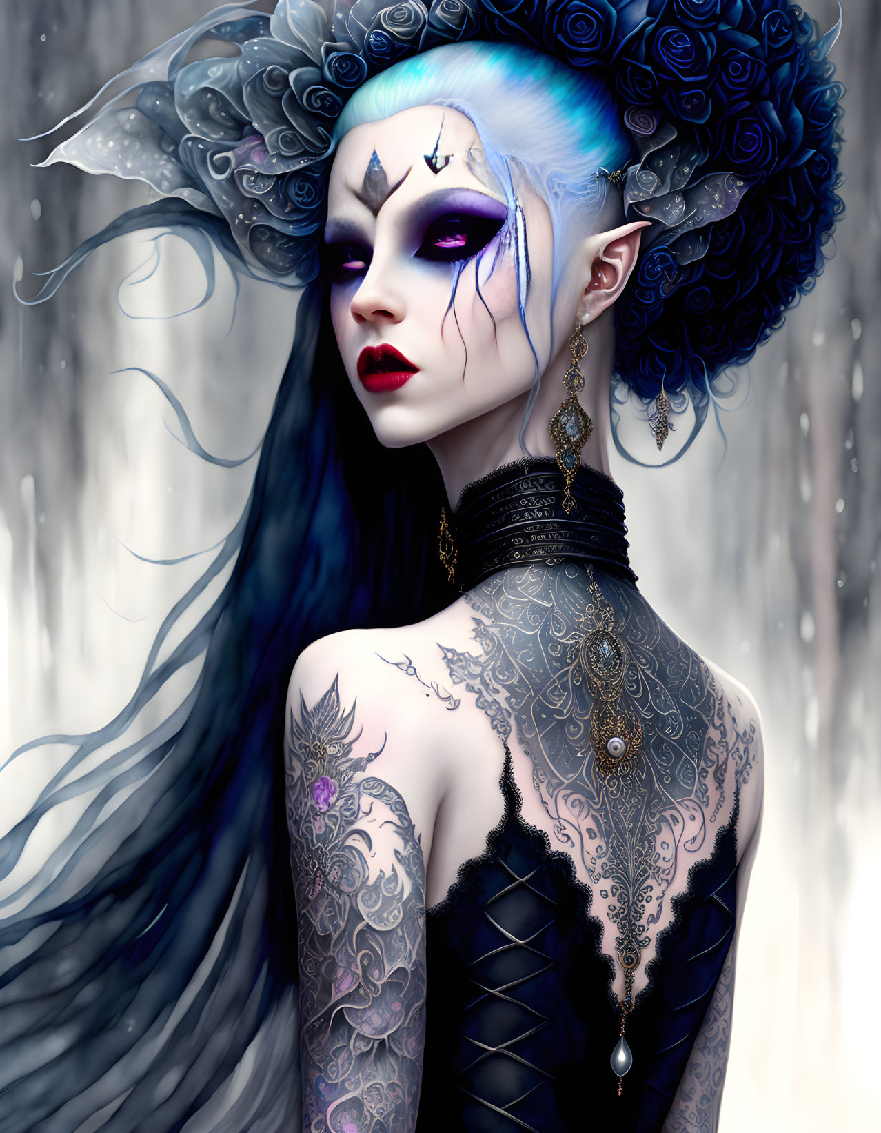 Blue-skinned gothic fantasy figure with rose headpiece, black earrings, dark makeup, and intricate