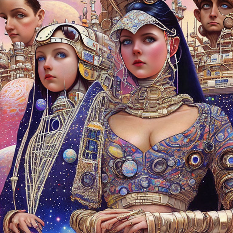 Sci-fi illustration: Multiple female figures in futuristic body armor against cosmic cityscape.