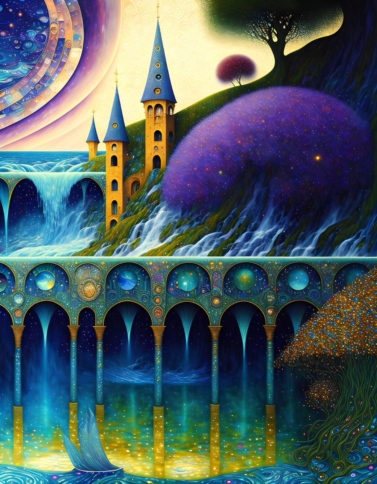 Colorful painting of whimsical castle with cosmic elements