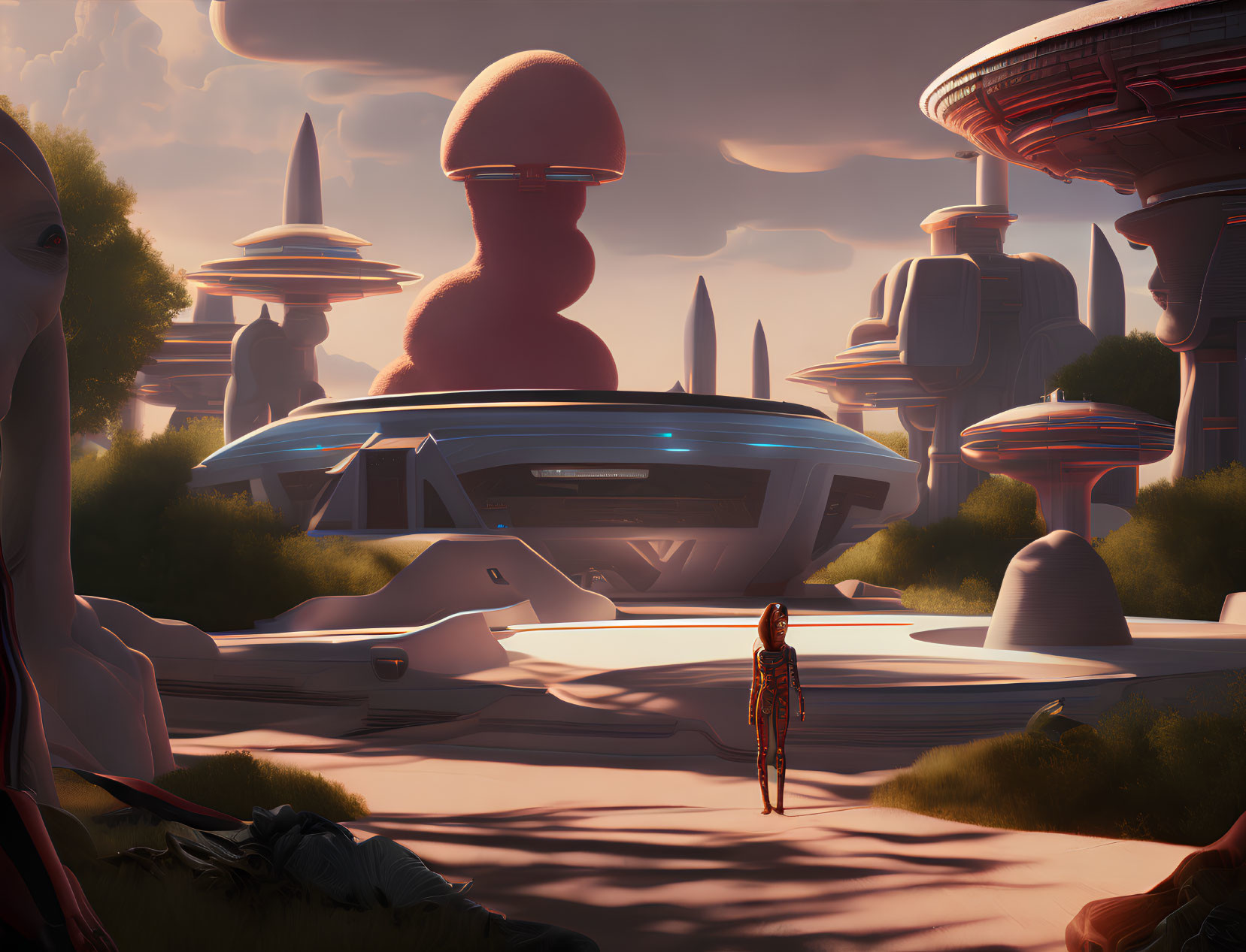 Futuristic landscape with sleek buildings and towering mushrooms