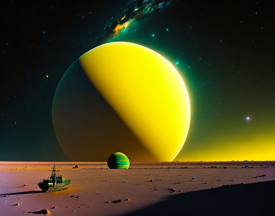 Desert night scene with giant yellow and green planets, stars, and shipwreck