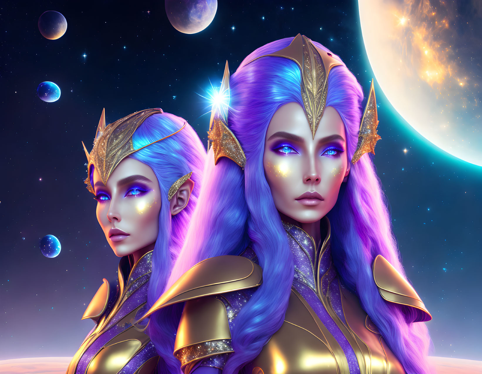 Stylized female characters with blue skin and purple hair in cosmic setting