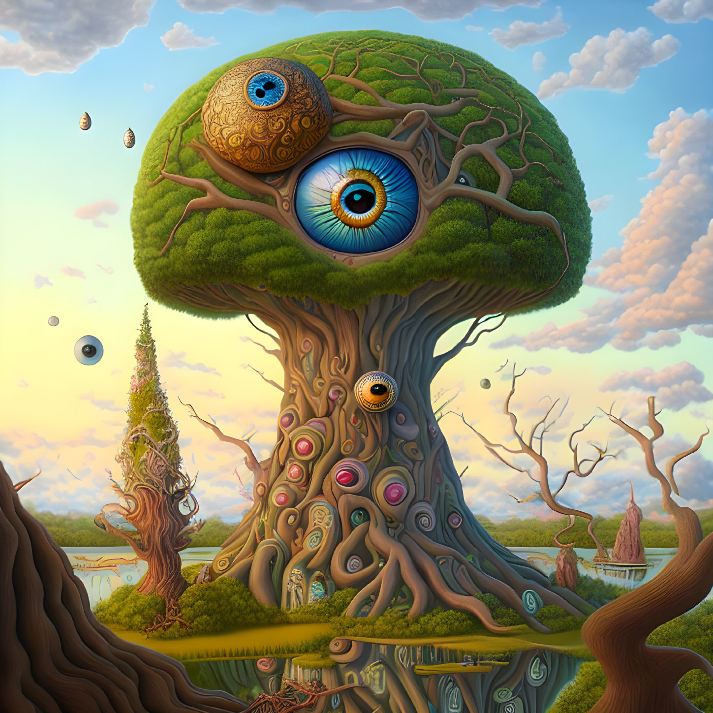 Surreal landscape with eye tree and quirky trees in pastel sky