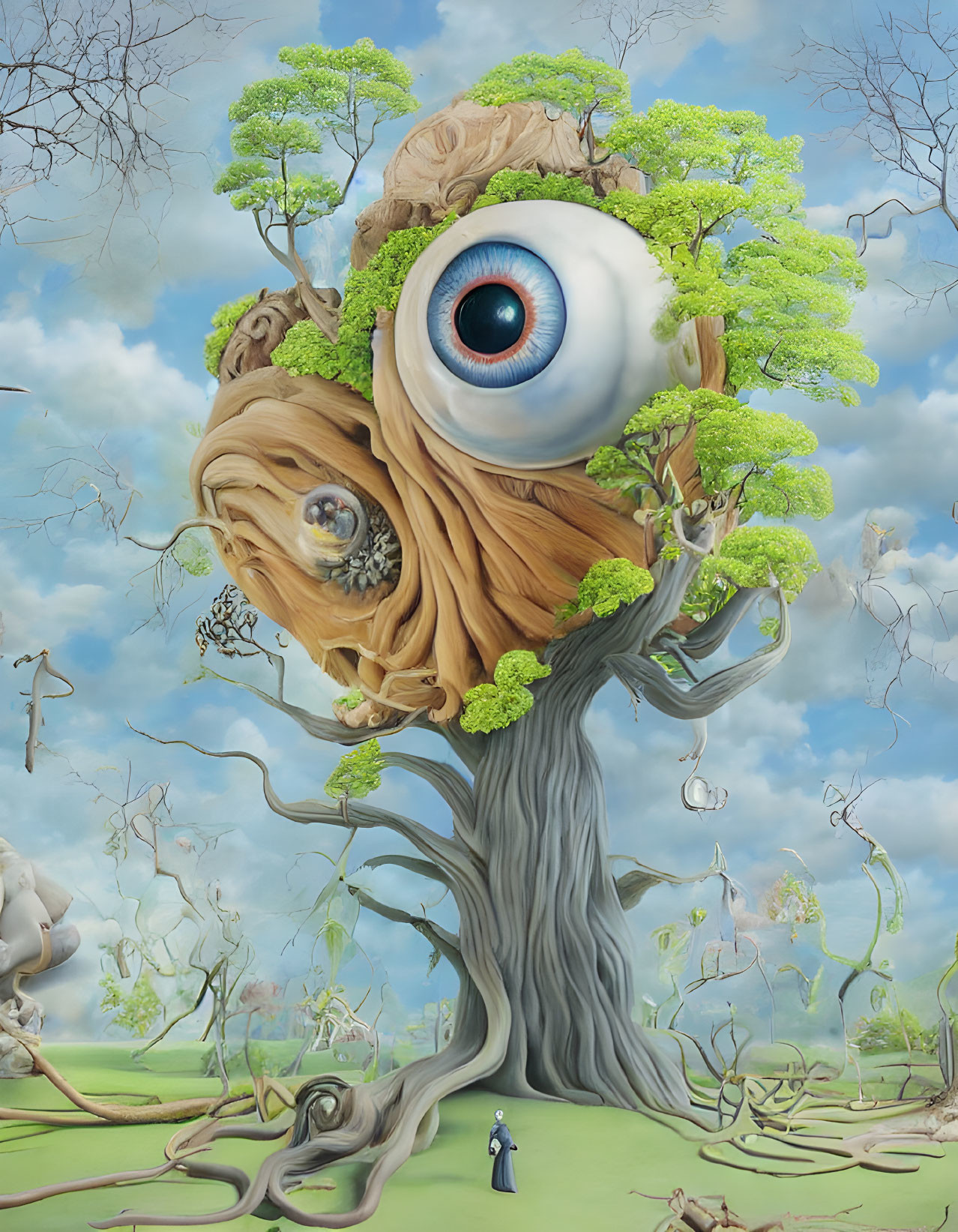 Surreal digital art: tree with eye, figure, sky