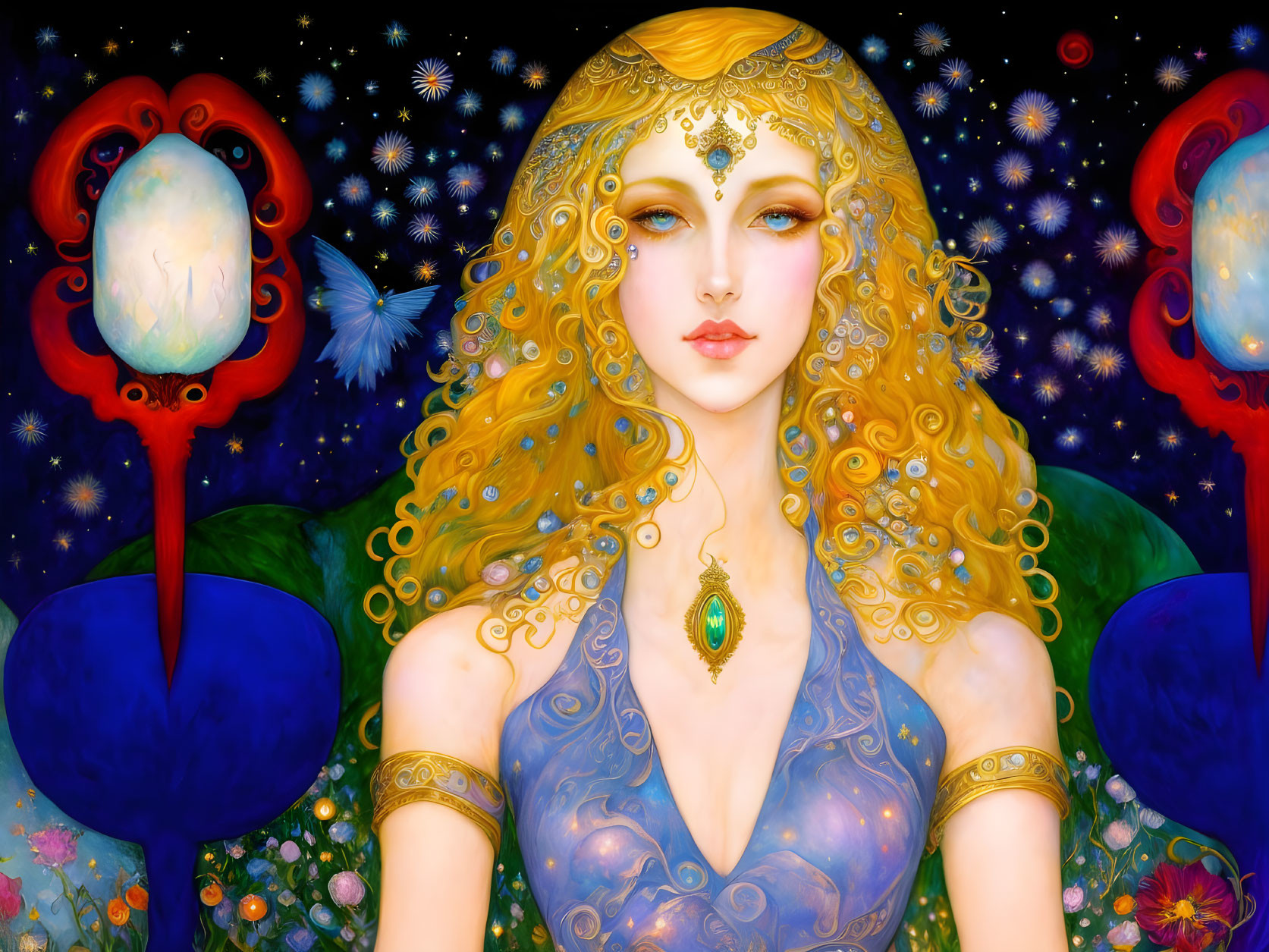 Fantastical woman with golden hair in blue gown under starry sky