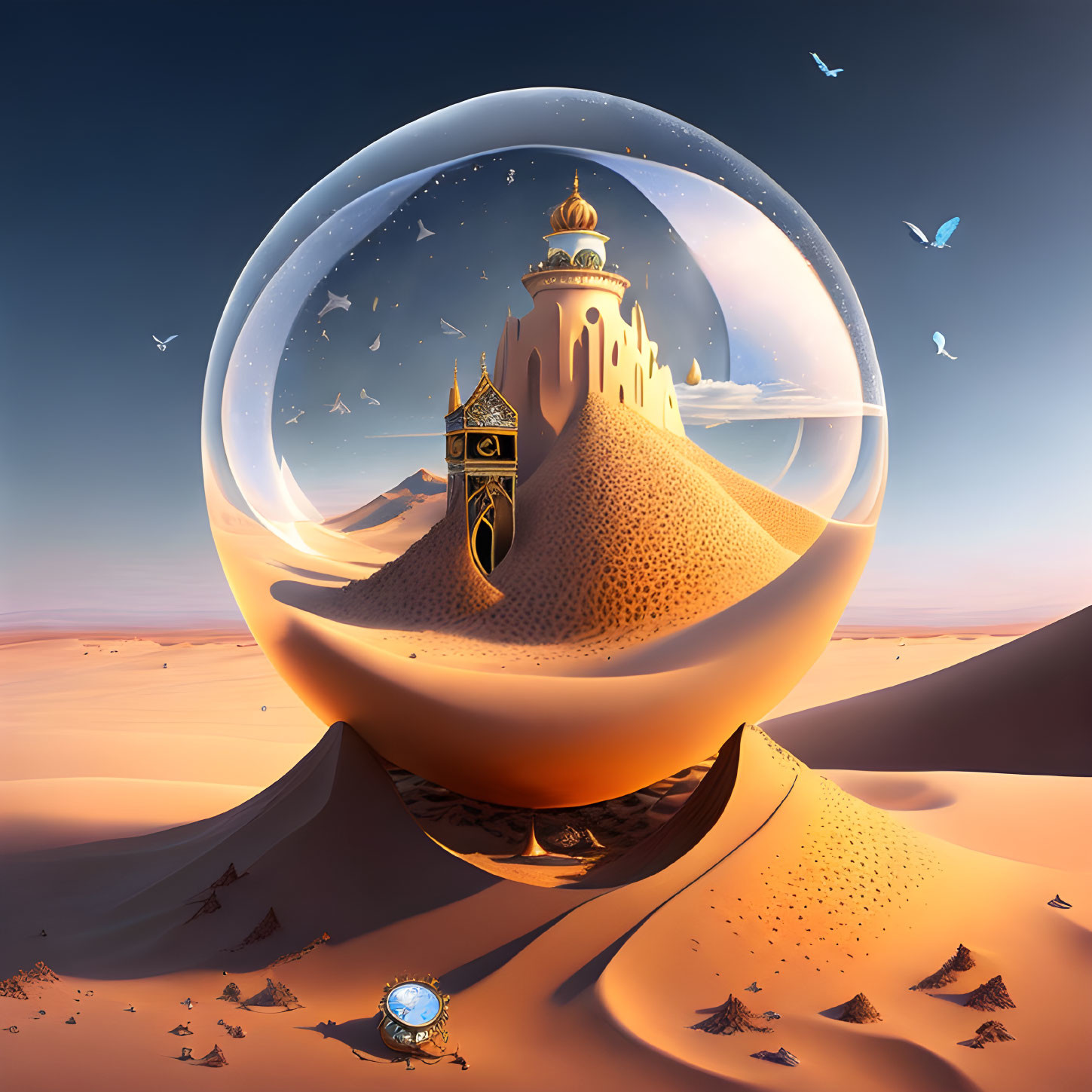 Sandy palace in transparent sphere with flying birds above desert