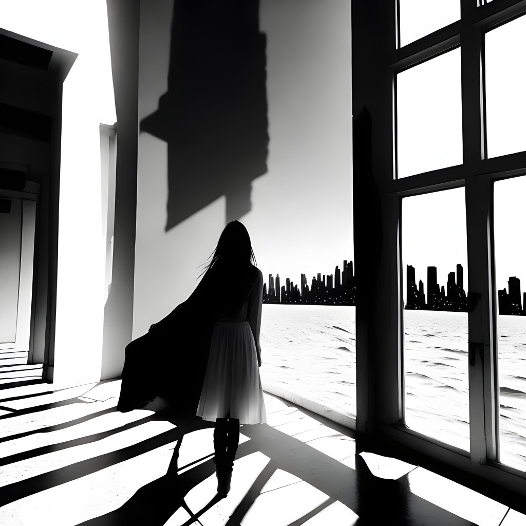 Silhouette of person in flowing garment by window with city skyline view