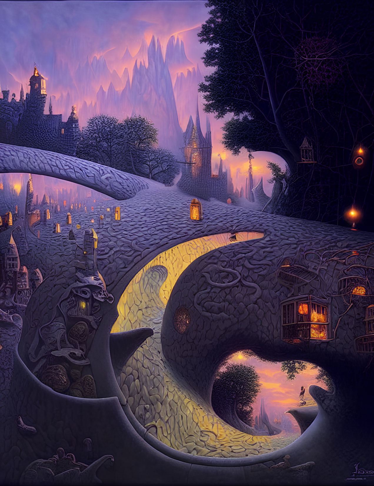 Fantastical landscape with winding paths, twilight sky, glowing lanterns, whimsical houses, and