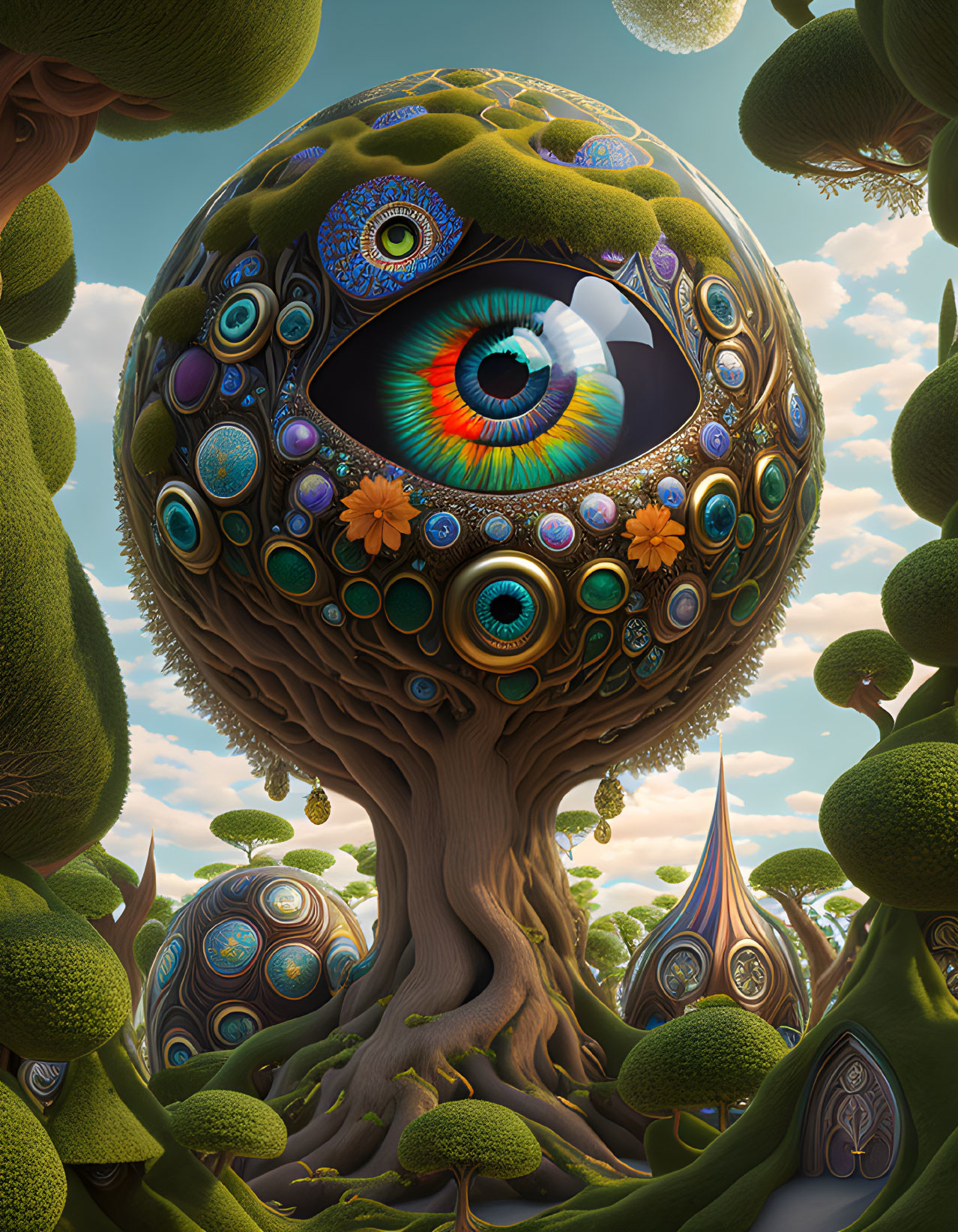 Fantasy trees with ornate eyes under clear sky