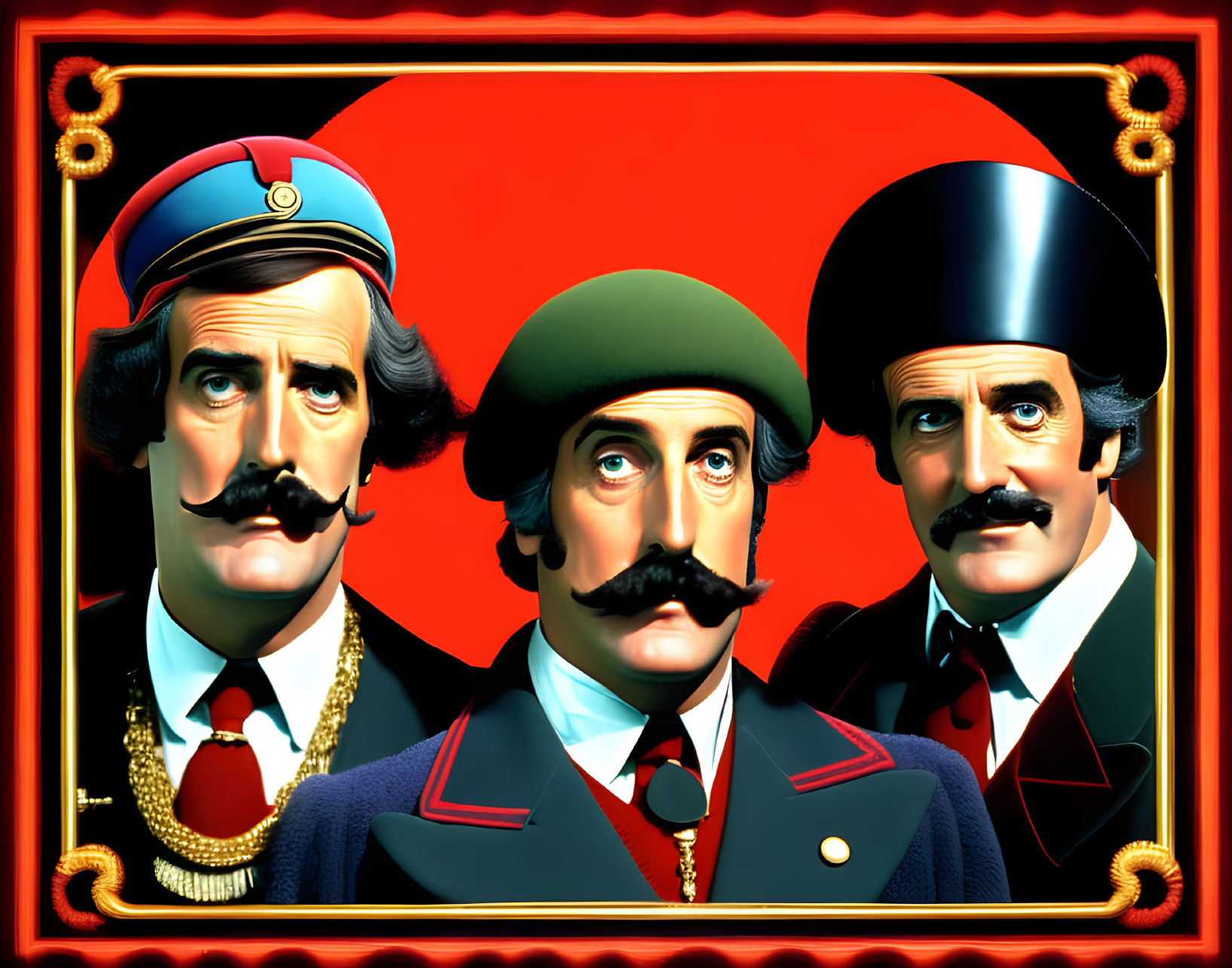 Three animated characters in historical military uniforms with distinctive mustaches on a red background.