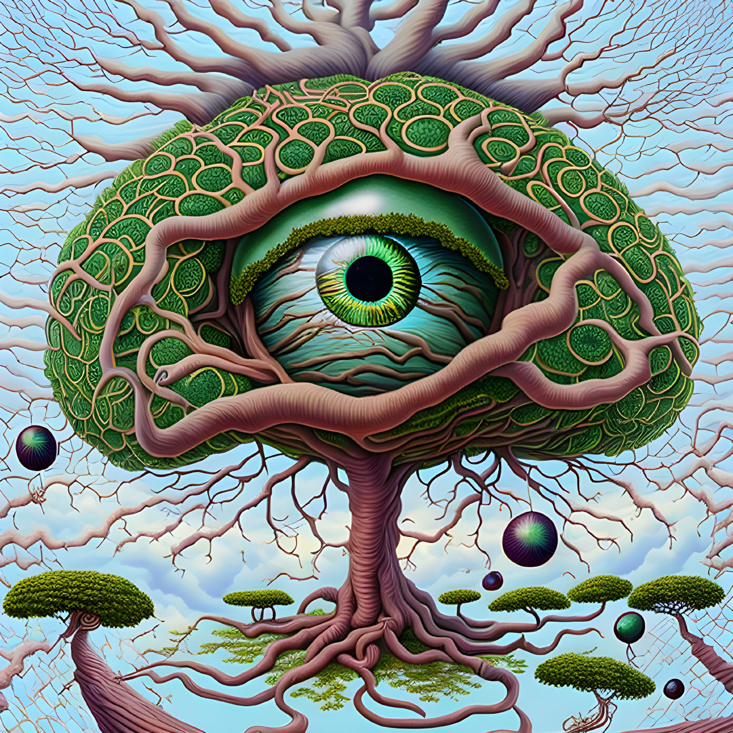 Surreal tree illustration with human eye in canopy against sky