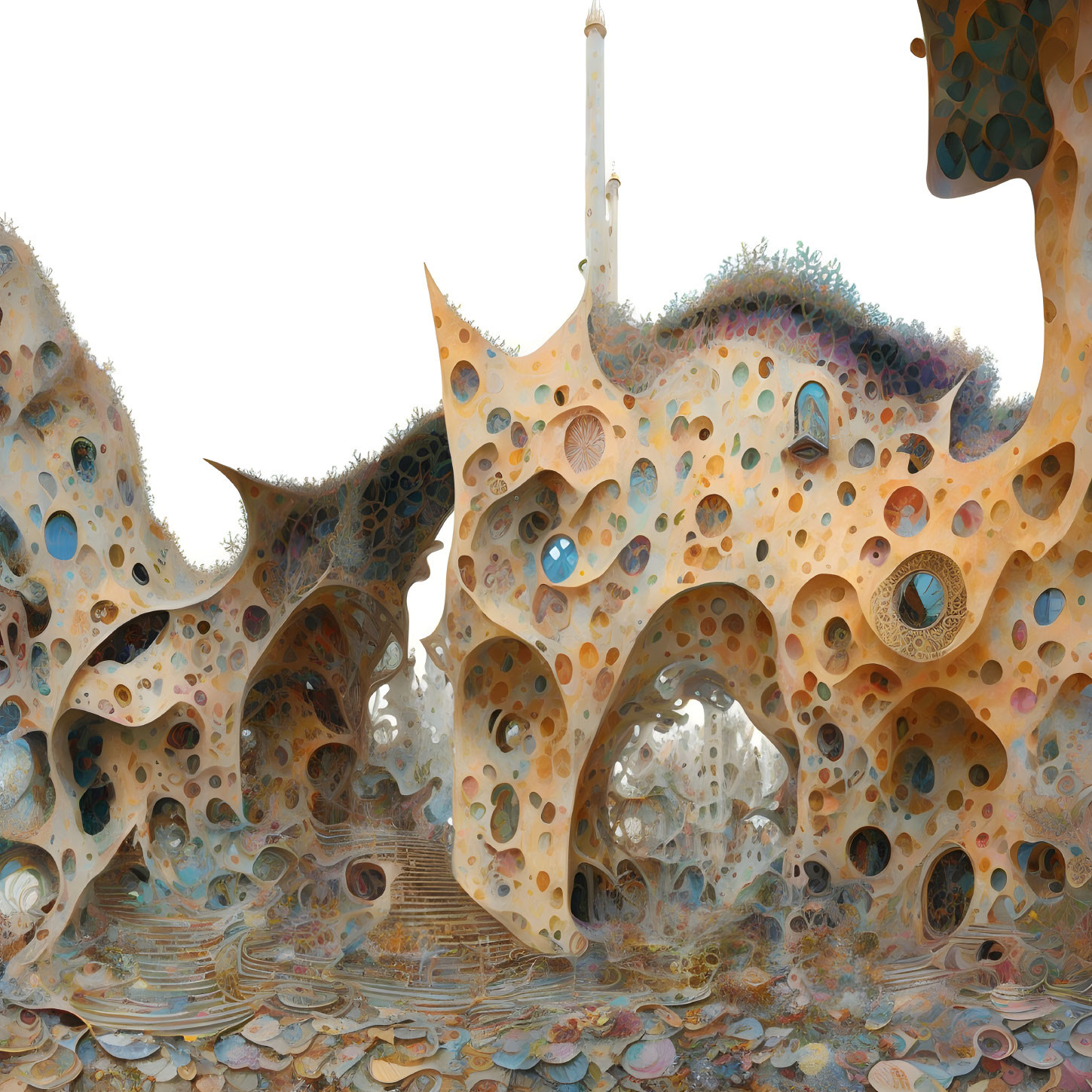 Whimsical surreal landscape with organic hole-riddled structures in pastel tones