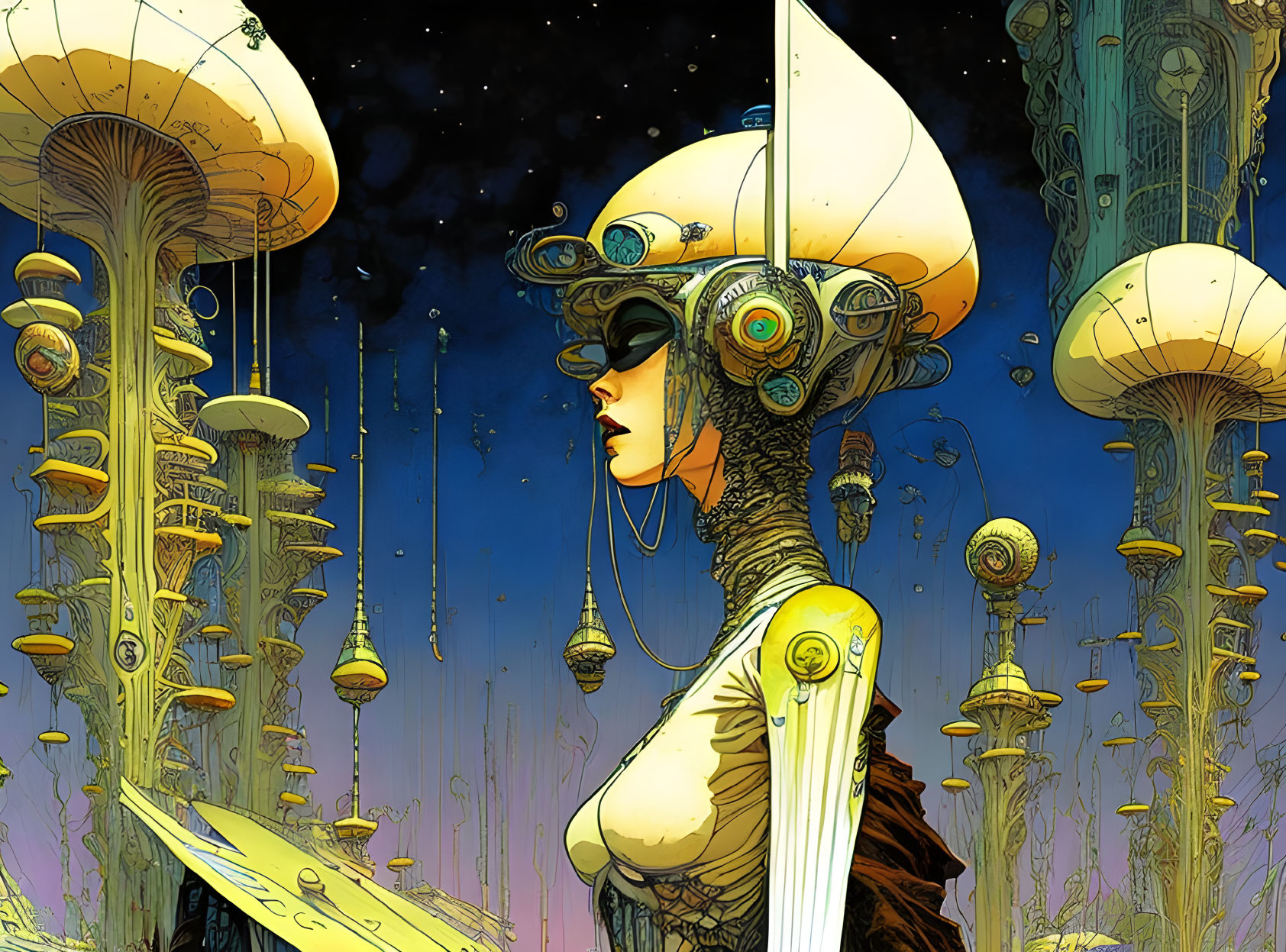 Futuristic woman with cybernetic headgear in alien landscape