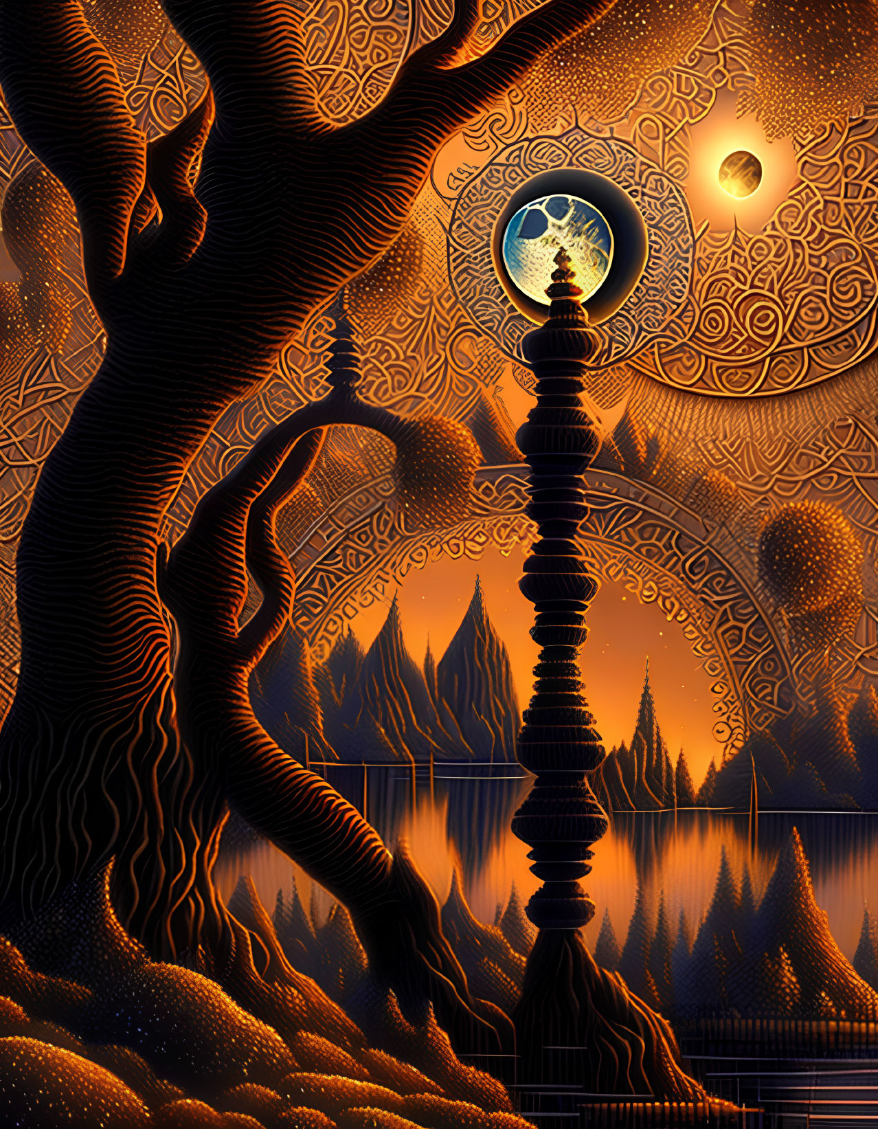 Fantasy landscape with ornate tree, spiral tower, moon, sun, and starry sky reflected