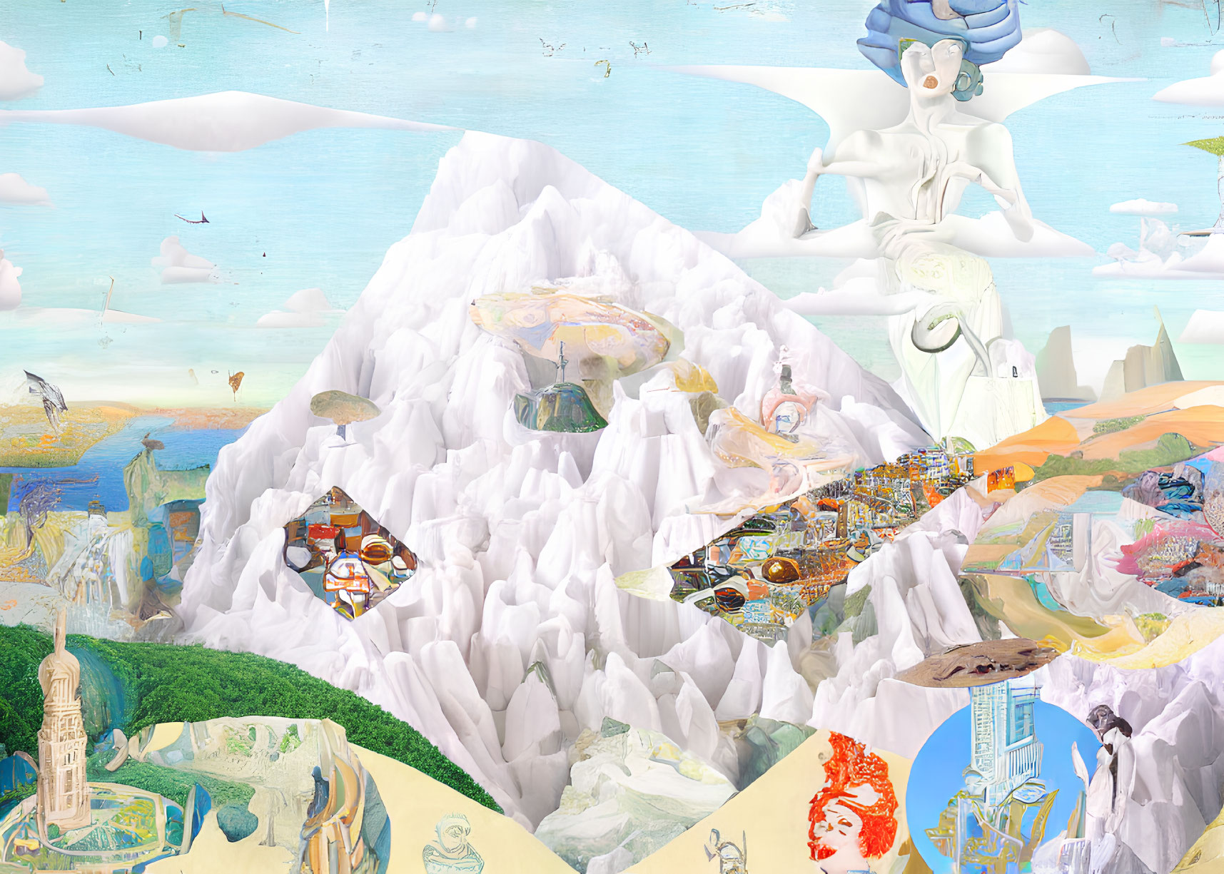 Surreal collage with icy mountain and fantastical elements