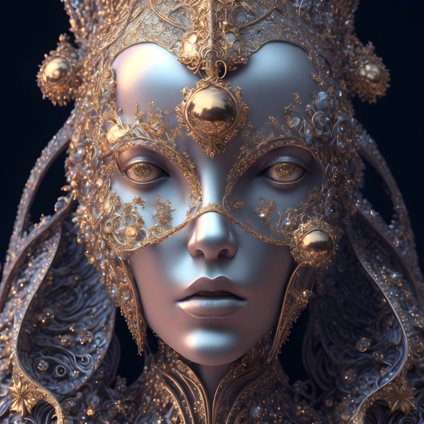 Intricate 3D rendering of ornate golden mask with filigree on dark backdrop