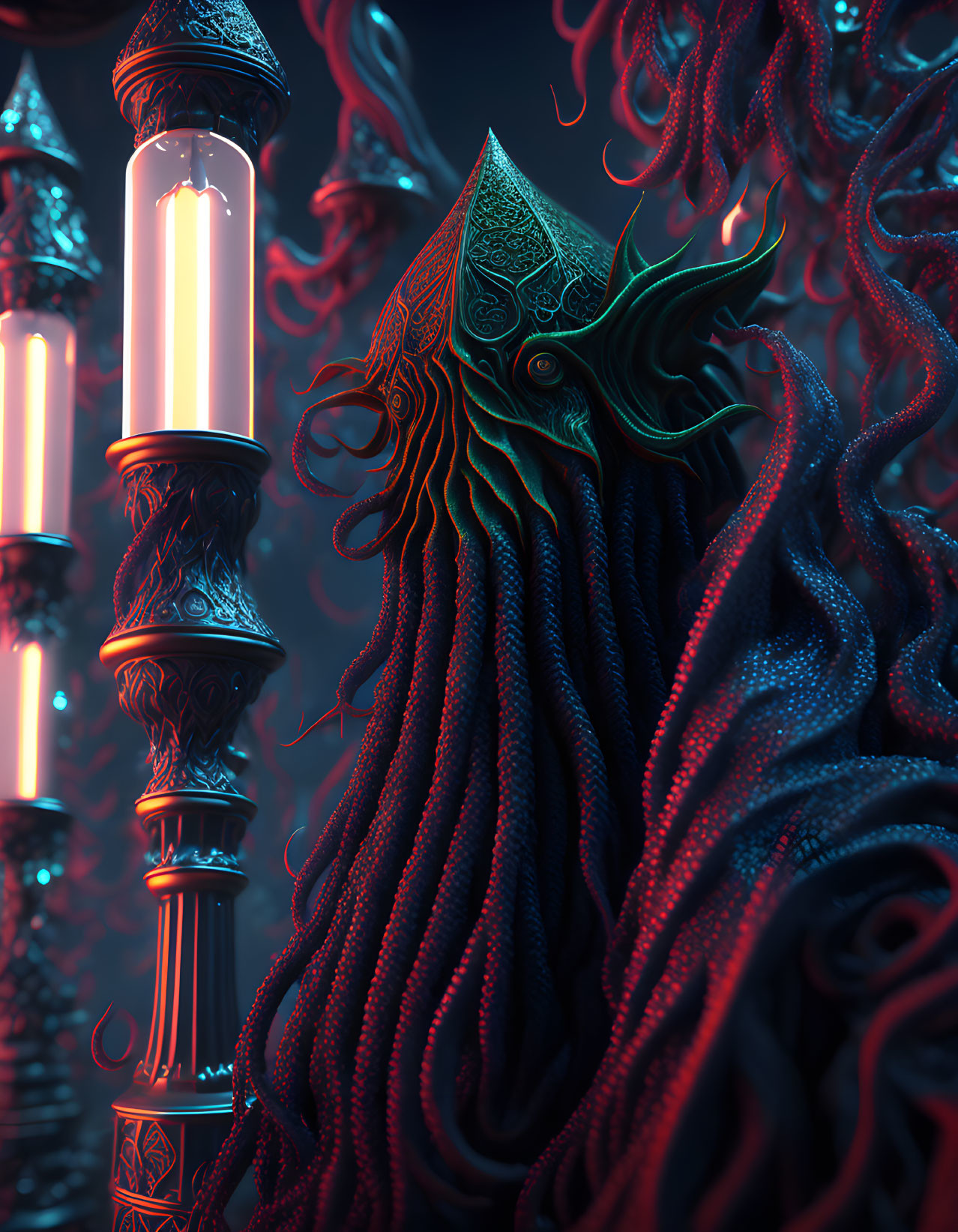 Mystical figure with tentacle-like appearance and ornate crown in neon-lit setting