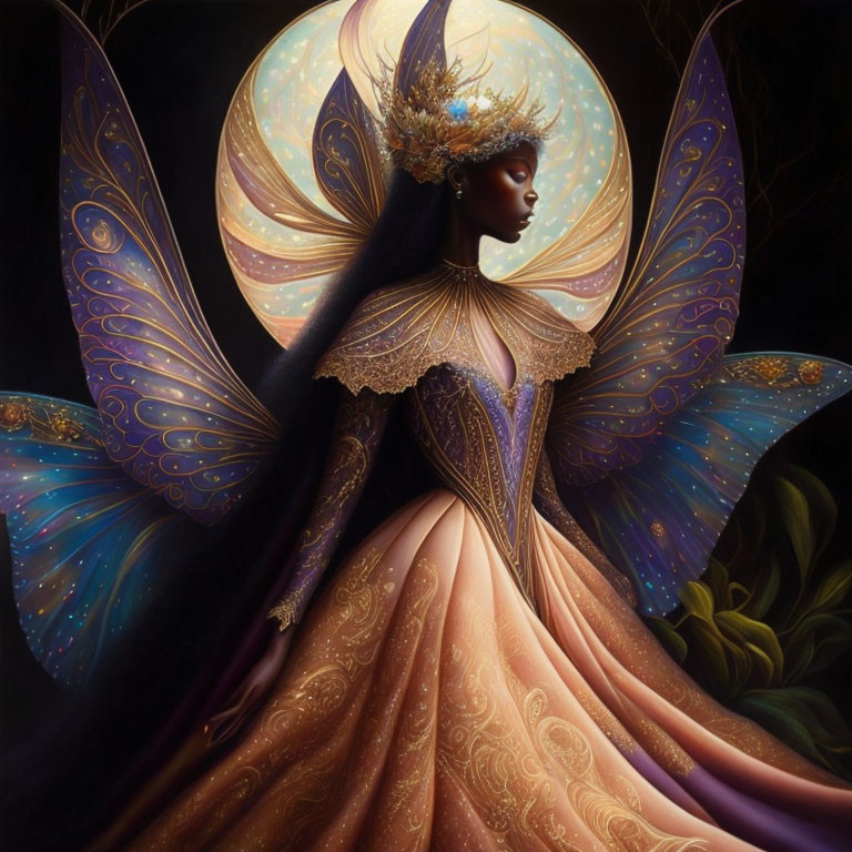 Majestic figure with butterfly wings in regal gown and golden crown surrounded by soft glow