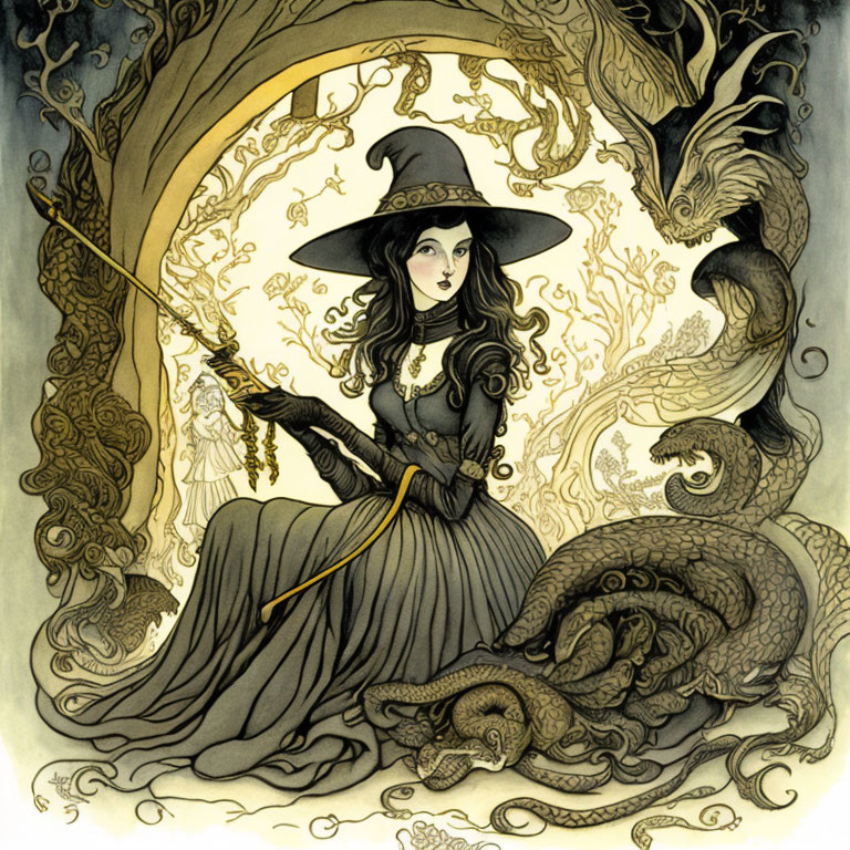 Illustrated witch with pointed hat and wand in mystical setting