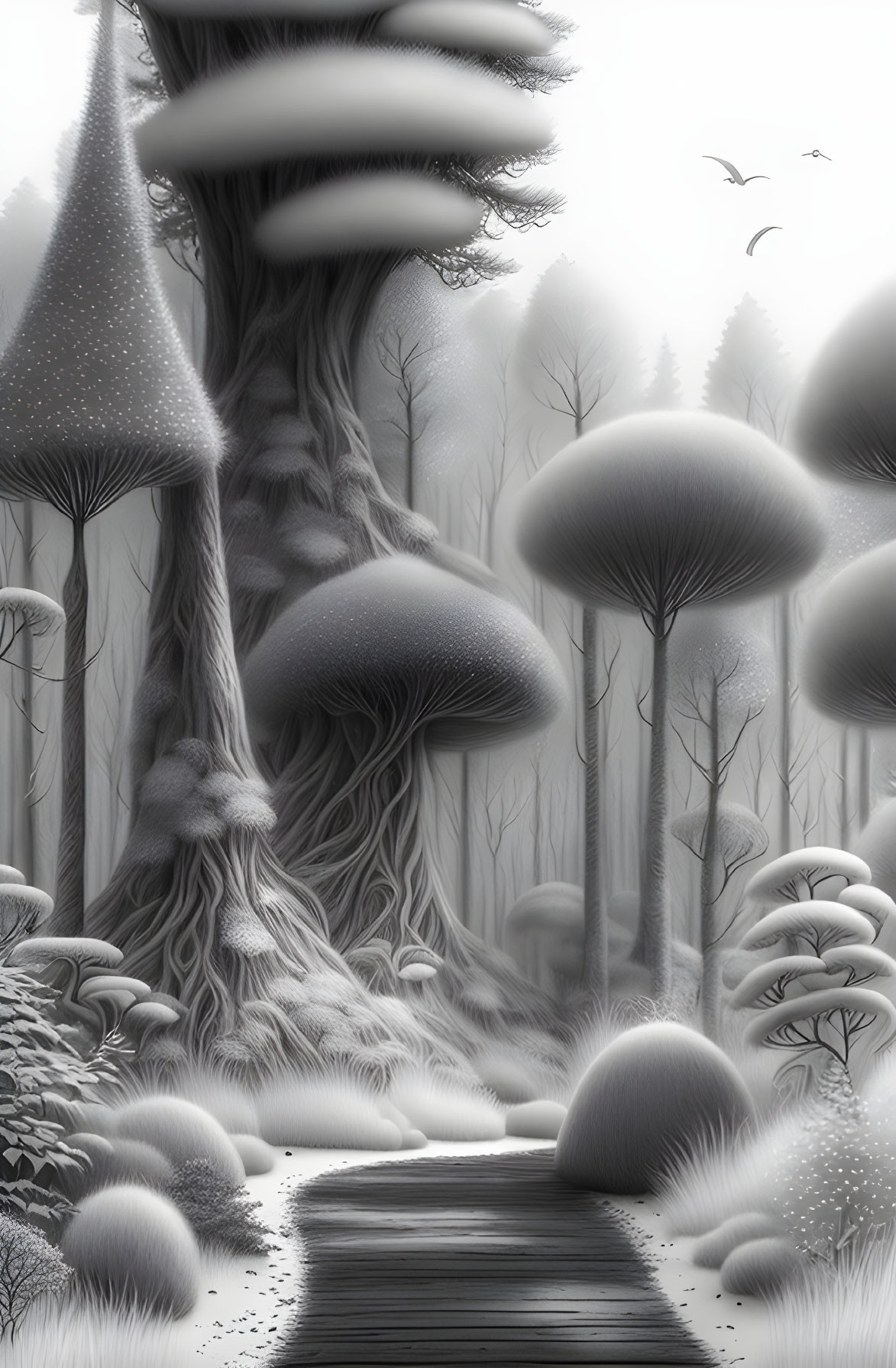 Monochrome fantasy forest with oversized mushrooms, pathway, foggy trees, and birds in the sky