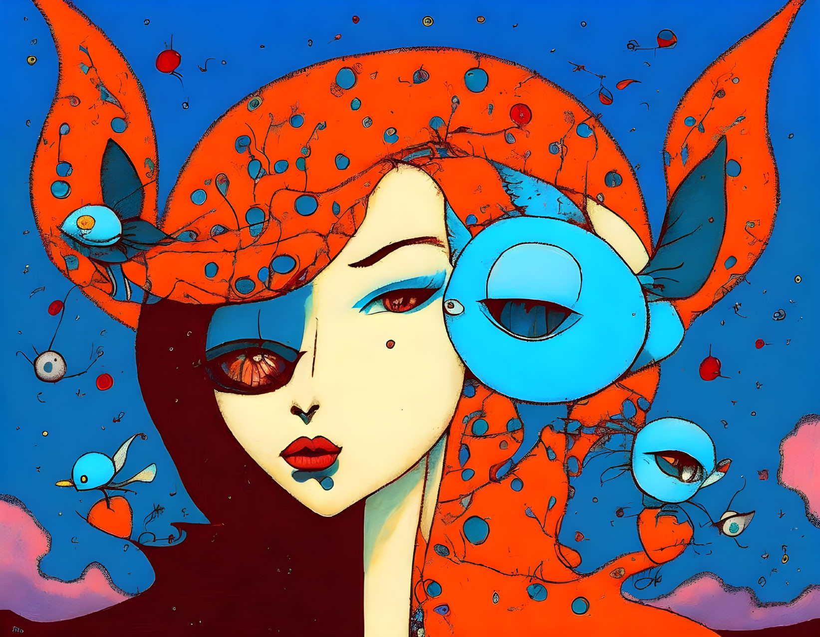 Stylized female figure with red hair and blue fish on blue background