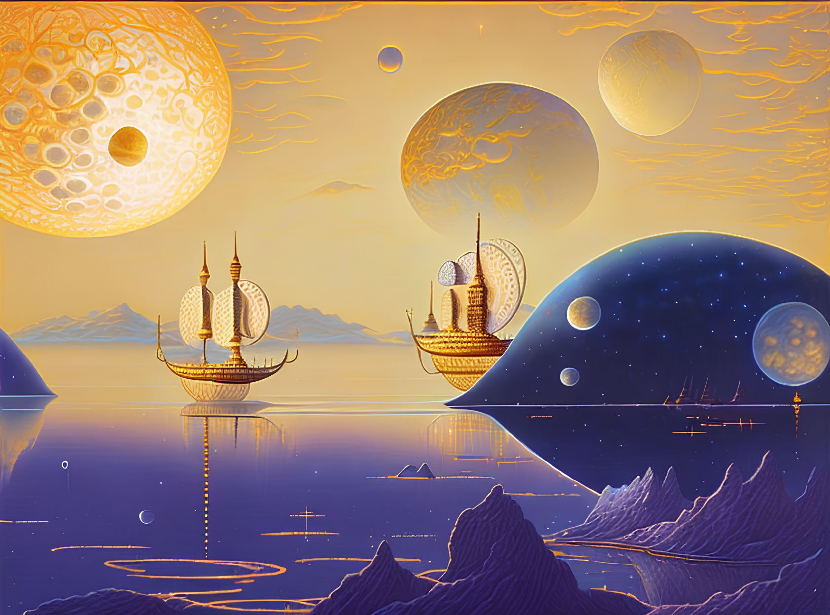 Fantastical seascape with ancient ship-like vessels and multiple planets in golden celestial ambiance