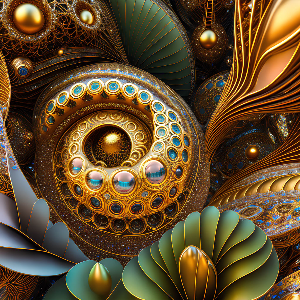 Intricate Golden and Turquoise Spiral Fractal Image