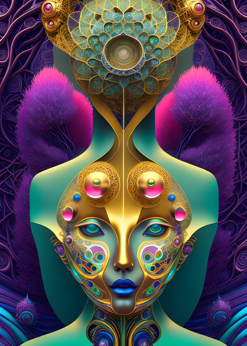 Symmetrical psychedelic humanoid portrait with multiple eyes on geometric background