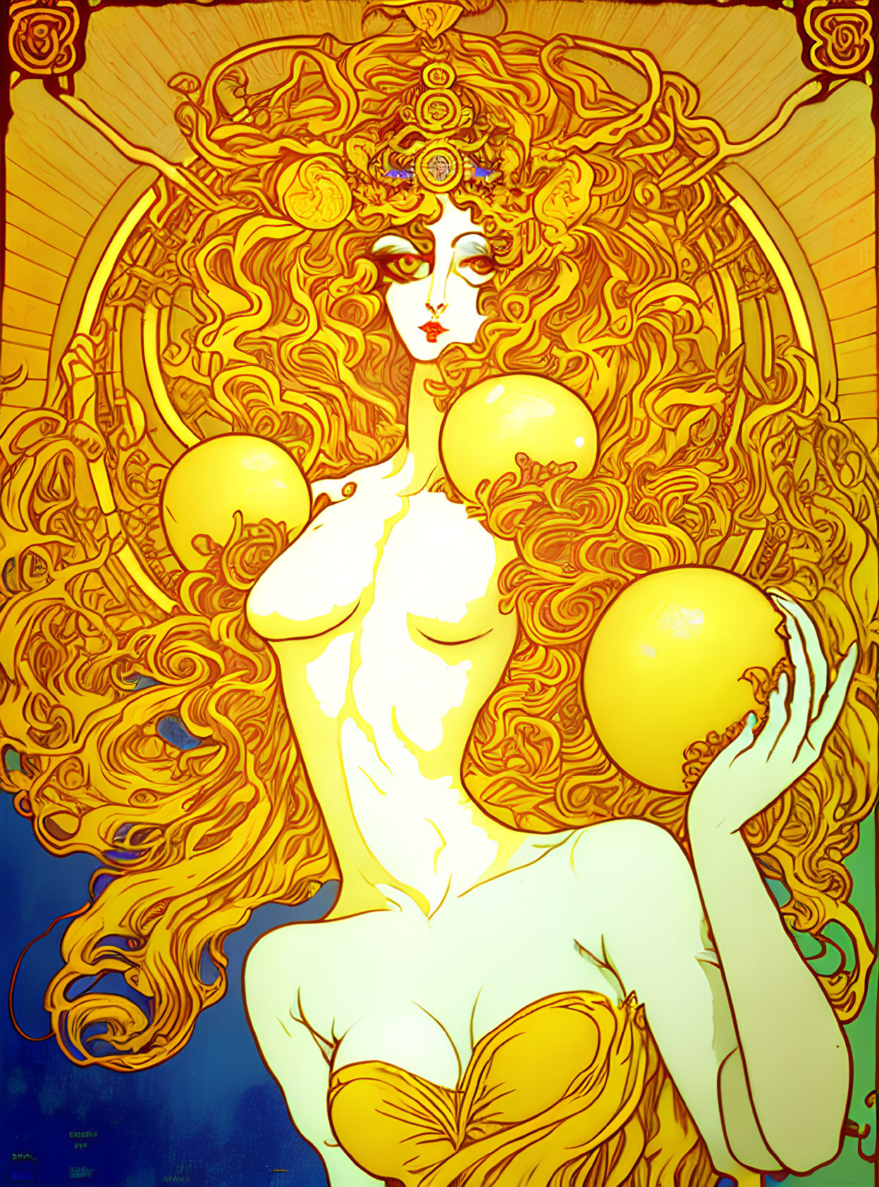 Art Nouveau-style Woman Illustration with Orbs and Flowing Hair