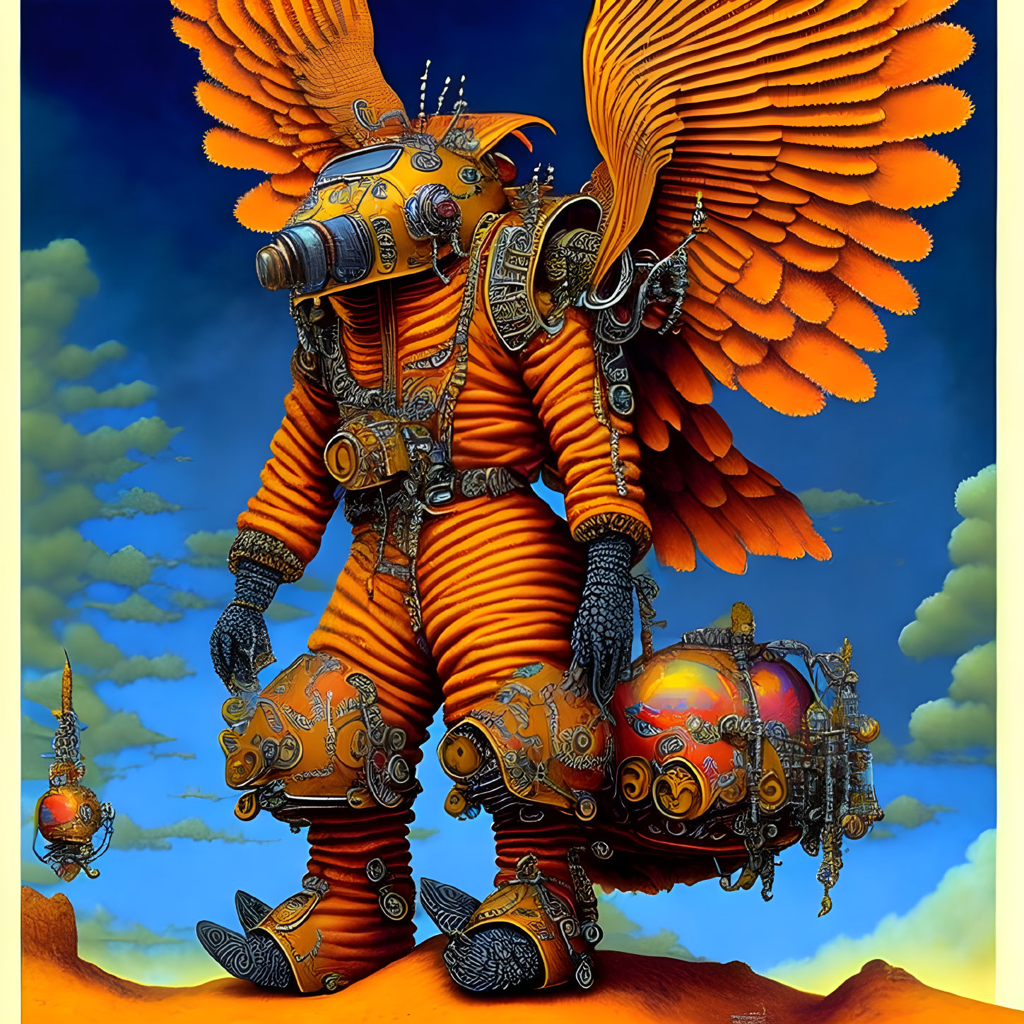 Steampunk figure with mechanical wings in surreal sky