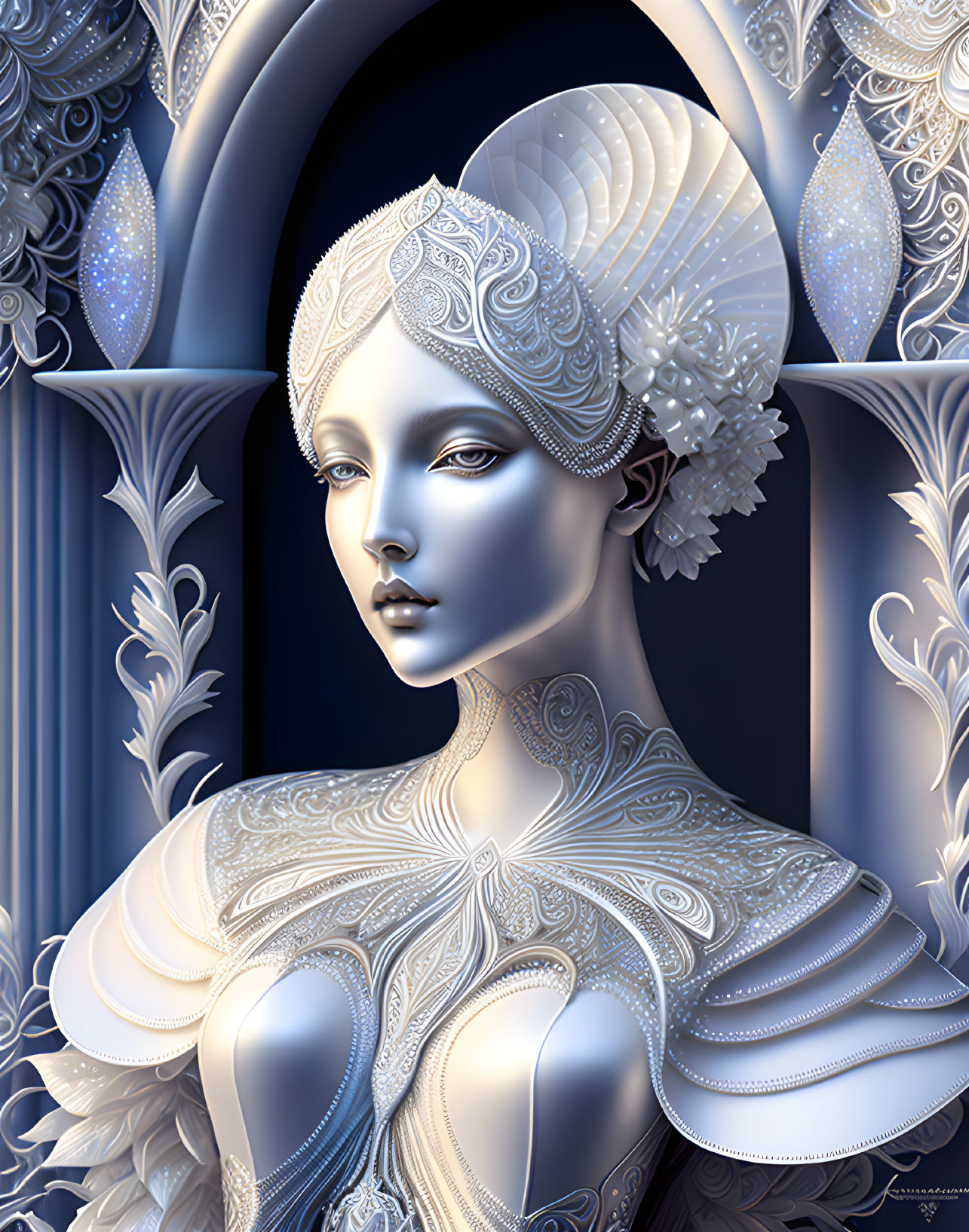 Illustrated portrait of female figure in white headpiece and ornate armor on blue background.